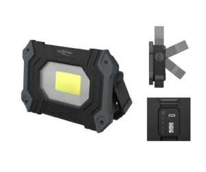Schwarz graue Handlampe mit Klappbügel und Powerbank-Funktion