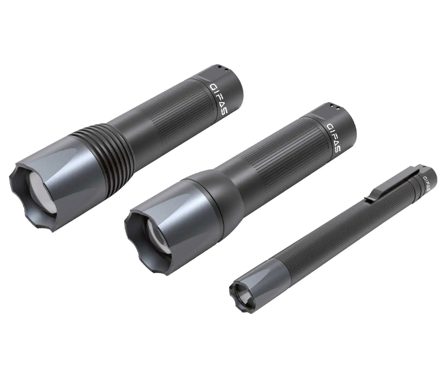 Drei graue Batterie Taschenlampen aus Aluminium der Serie Torch S mit optischem Fokus und Nothammer-Leuchtenkopf