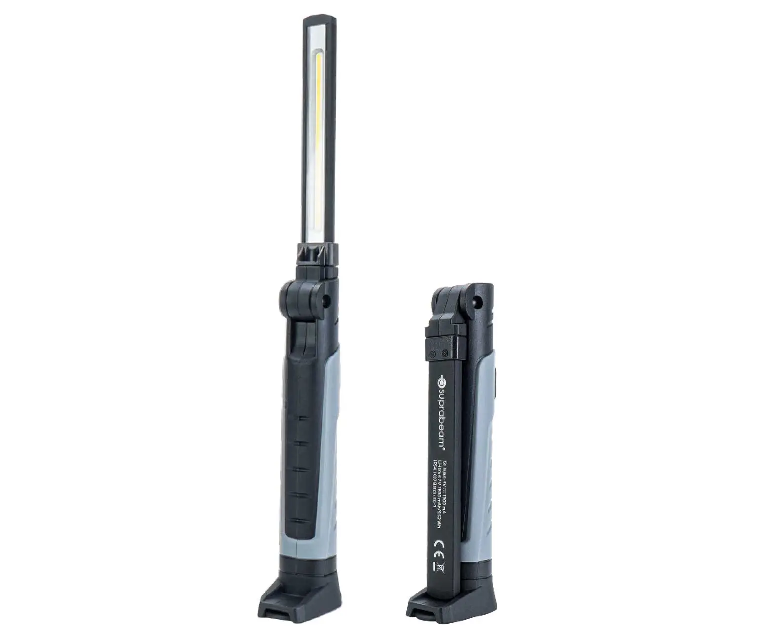 Kompakte und sehr handliche schmale LED-Akku-Handleuchte bzw. Werkstattleuchte in dunkel - hell grau mit Front- und Kopflicht
