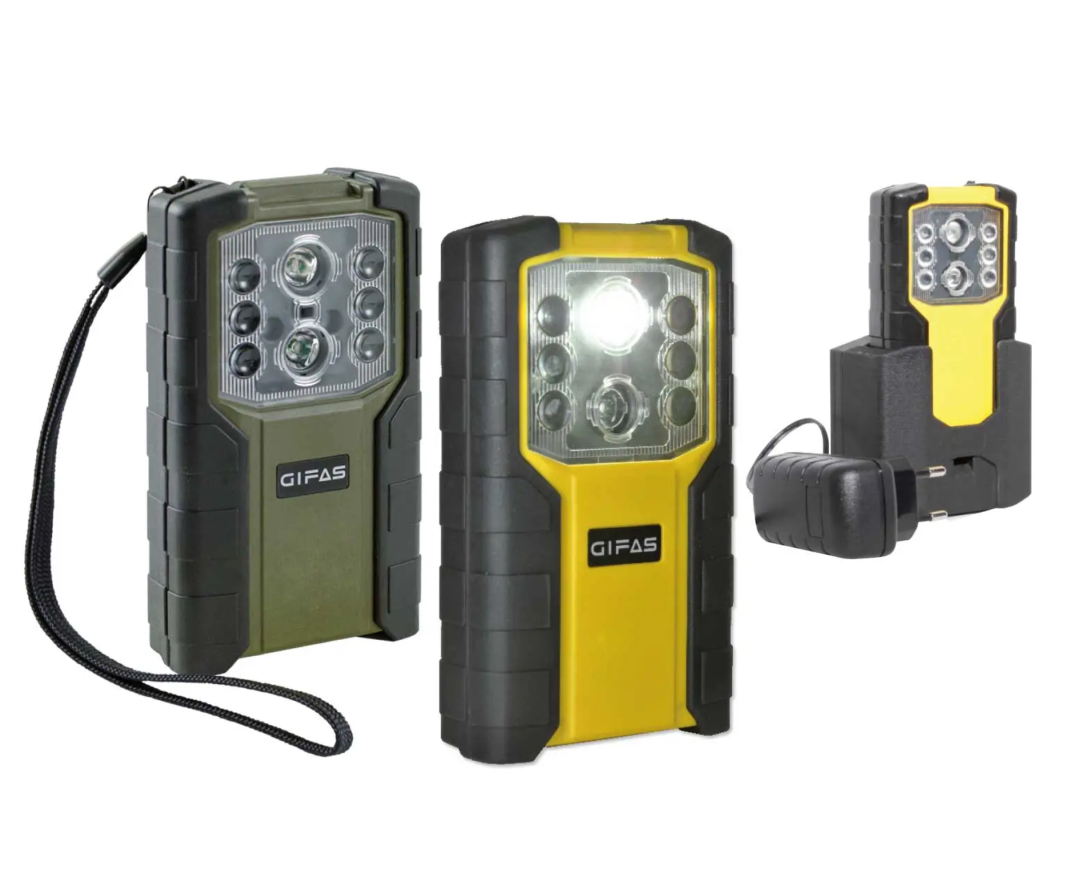 Akku und Batterie Taschenlampe in gelb schwarz und oliv schwarz und Tragelasche