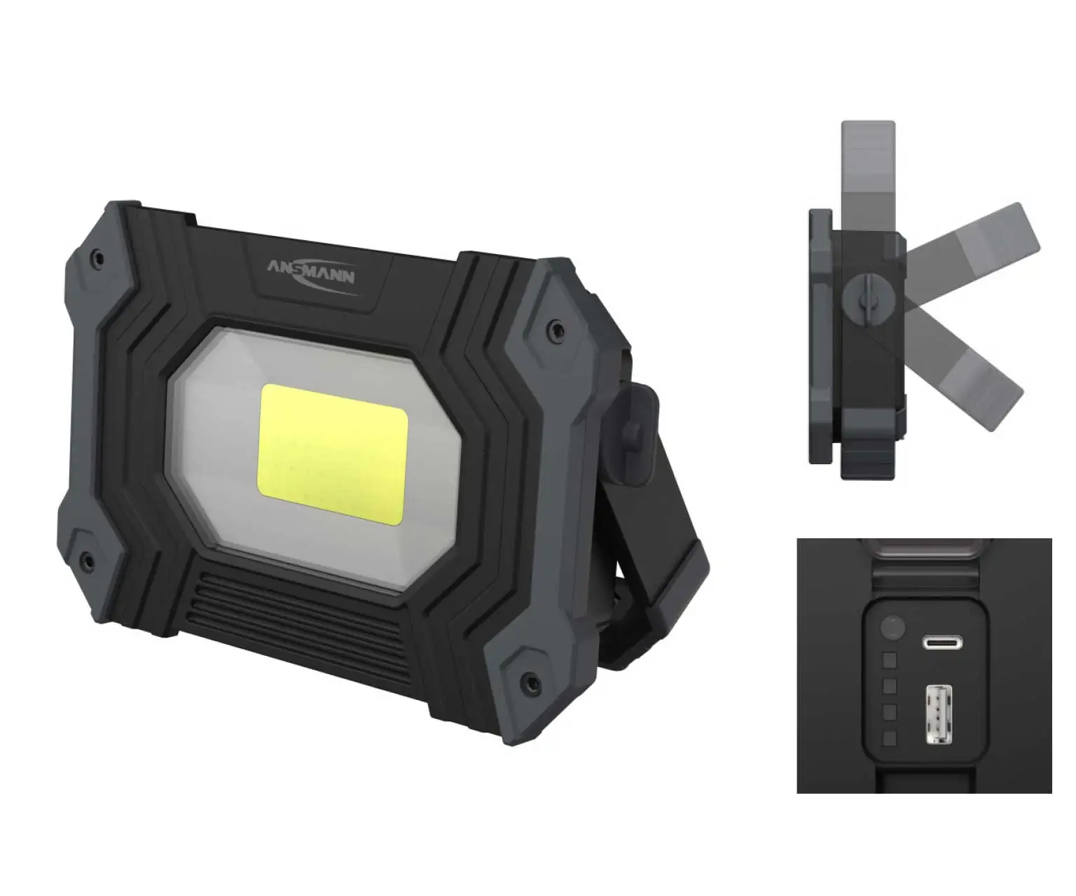 Kompakter LED Handscheinwerfer in schwarz mit Bügel, Ladeanschluss und Powerbank-Ladefunktion über USB